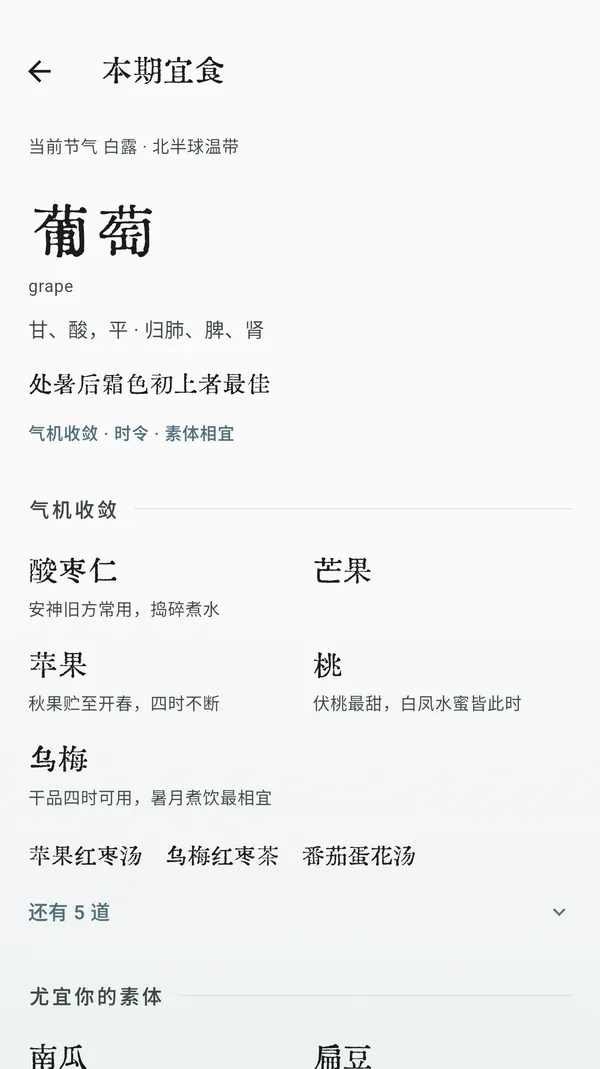 本期宜食：葡萄，甘、酸，平